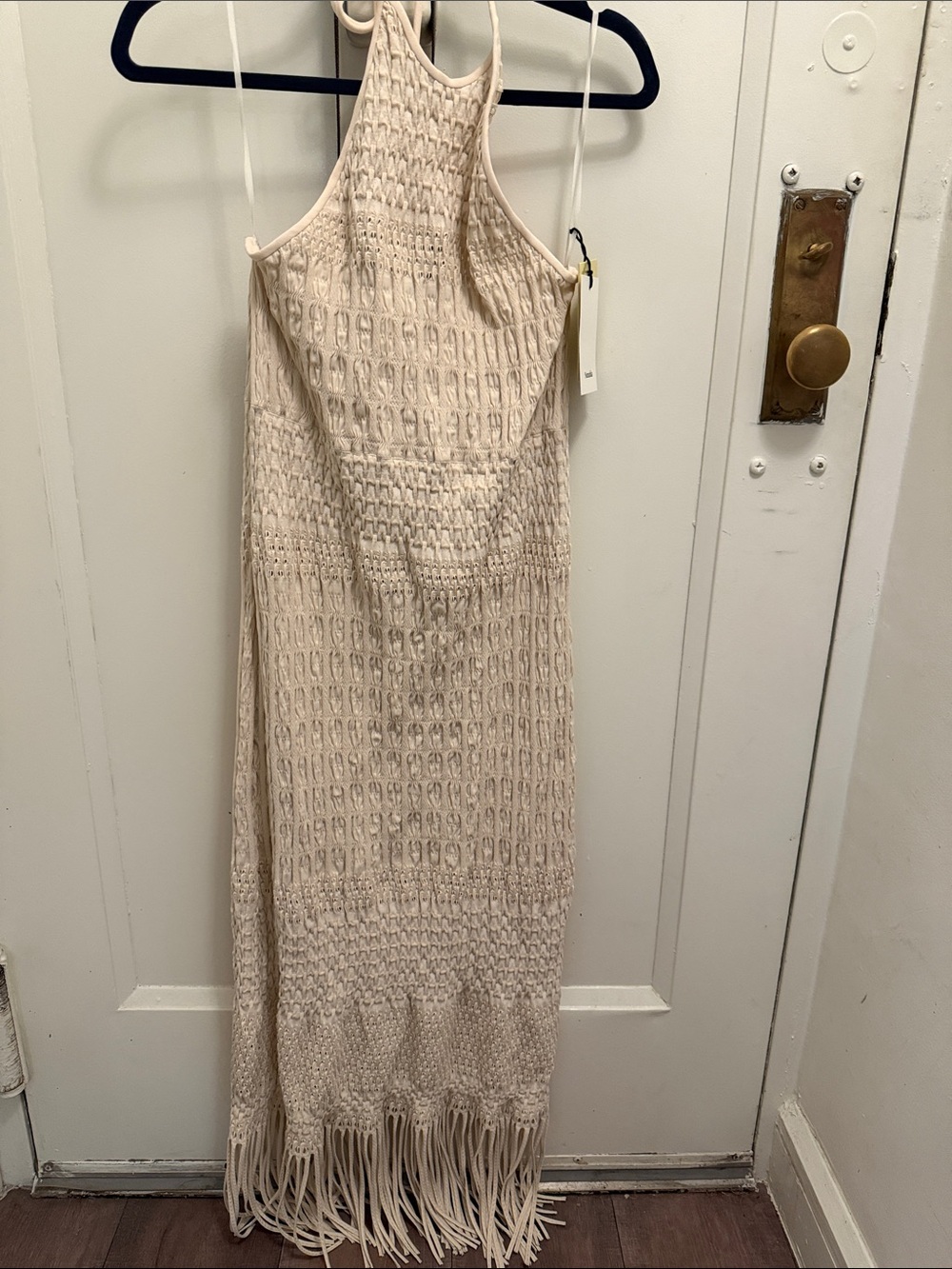 Nanushka Cream Knit Halter Fringe Maxi Dress